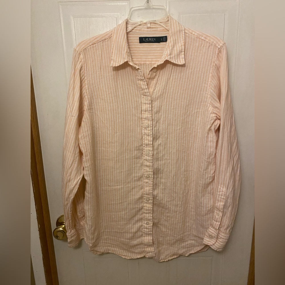 Lauren Ralph Lauren Peach Striped Linen Shirt L - Picture 6 of 9